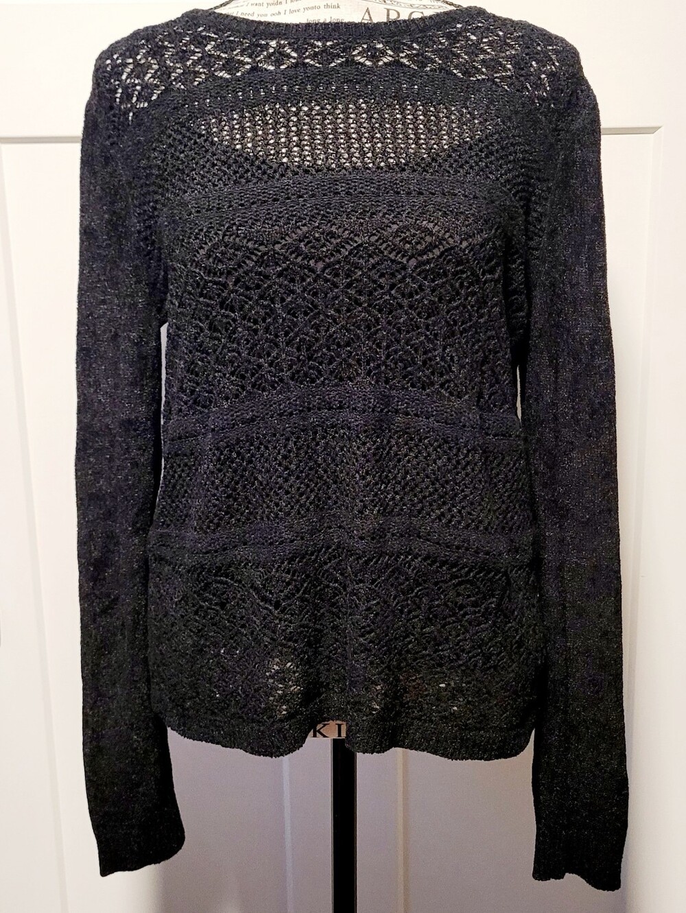 Ralph Lauren WomensOpen-Knit Lightweight Boat Neck Sweater M Black Witchy Dark